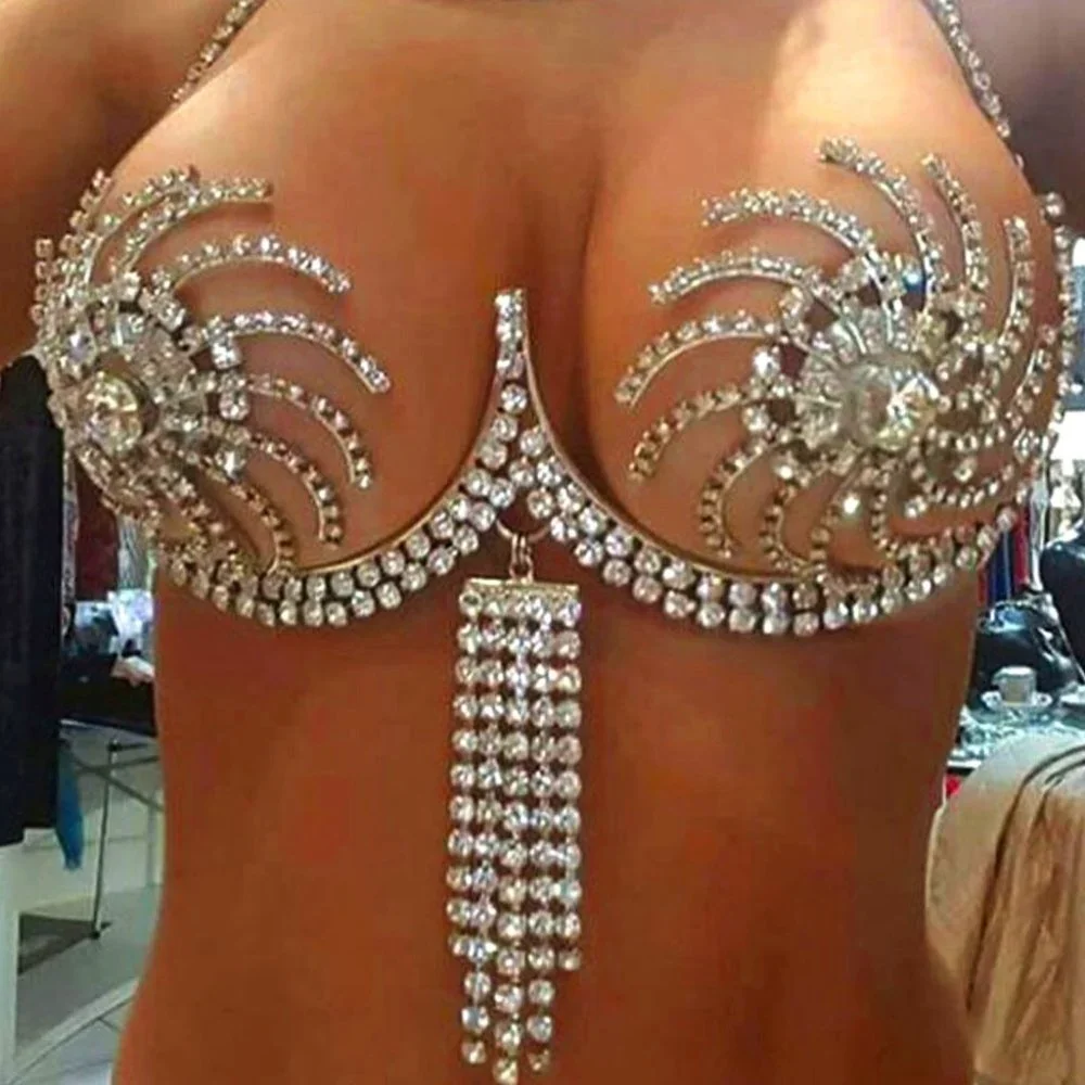 Rhinestone Chest Bracket Tassel Bra Chain Lingerie Crystal Bikini Body Jewelry - Picture 1 of 5